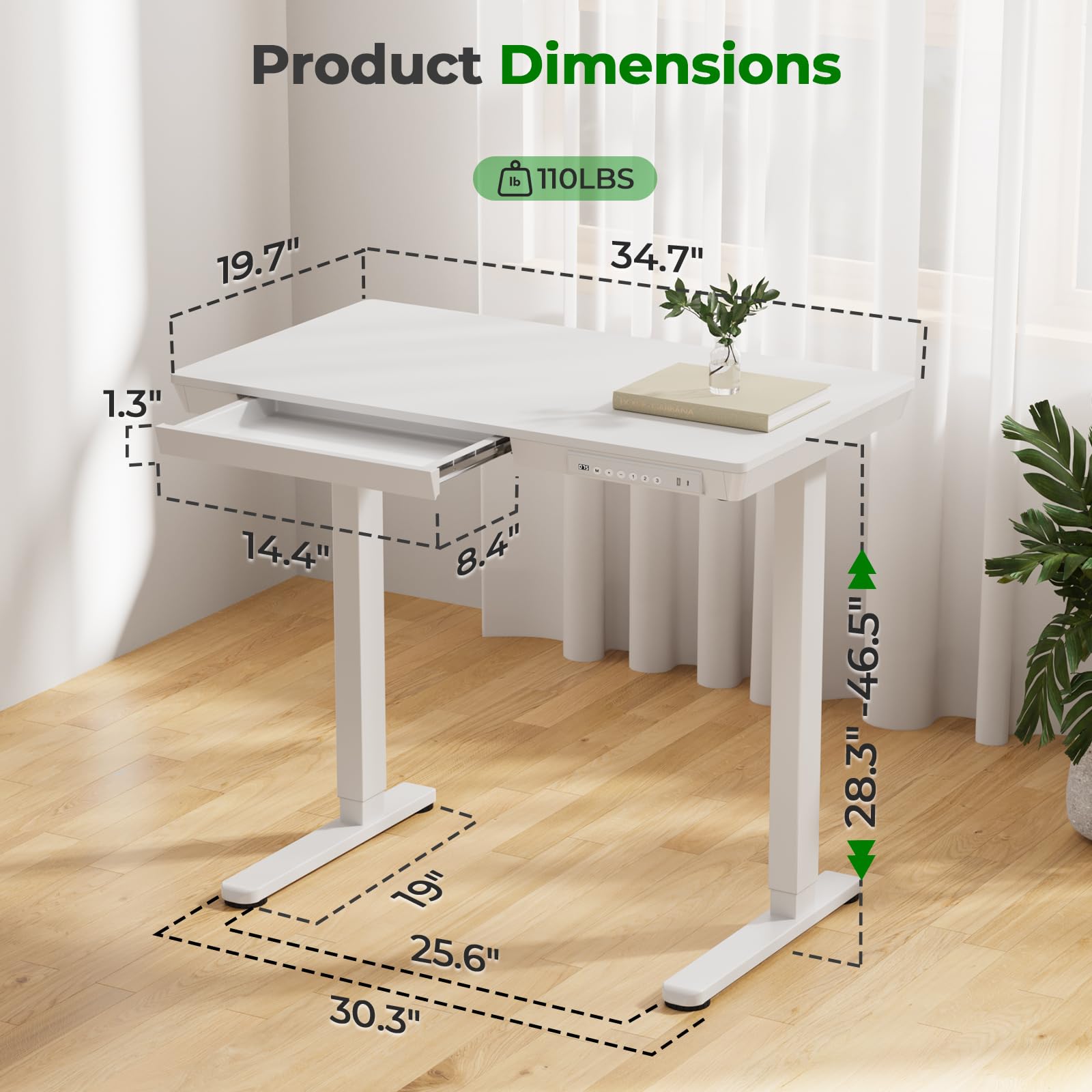 Glass Electric Standing Desk with Drawer, 35" x 20" Whole Piece Tabletop Samll Sit Stand Table, Height Adjustable Workstation with Storage & USB Ports, Quick Install Home Office Desk