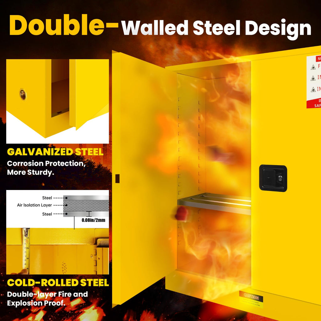 16 Gallon Flammable Storage Cabinet 18"x18"x23", Galvanized Steel, Flammable Safety Cabinet with Adjustable Shelf, for Industrial and Home Use, Yellow