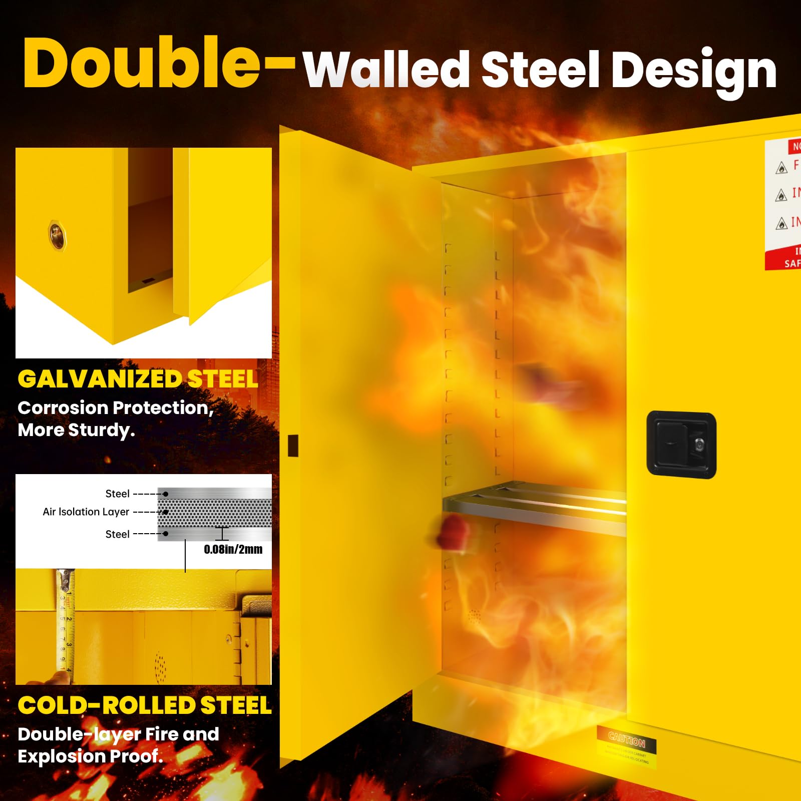 16 Gallon Flammable Storage Cabinet 18"x18"x23", Galvanized Steel, Flammable Safety Cabinet with Adjustable Shelf, for Industrial and Home Use, Yellow