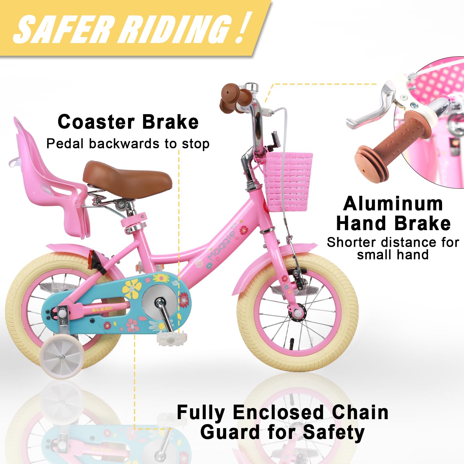 Glerc Maggie Girls Bike, 12-20 Inch Kids Bike for 2-13 Years Old Children, Princess Style Kids Bicycle with Doll-Seat & Basket & Training Wheels, Multiple Colors