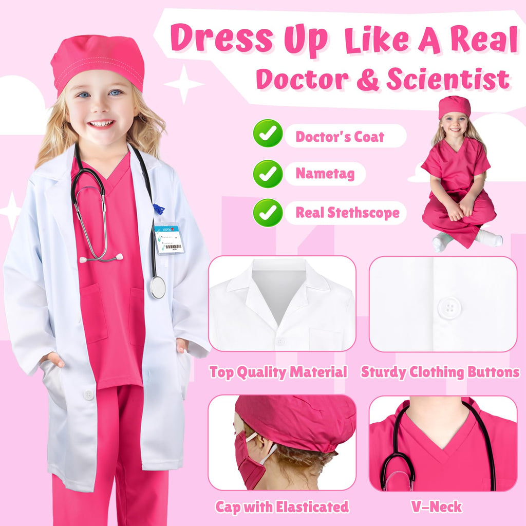 YADIYA Doctor Costume for Kids Scrubs Real Stethoscope Lab Coat Halloween Costumes Career Day Costume For Kids Girls 3-12