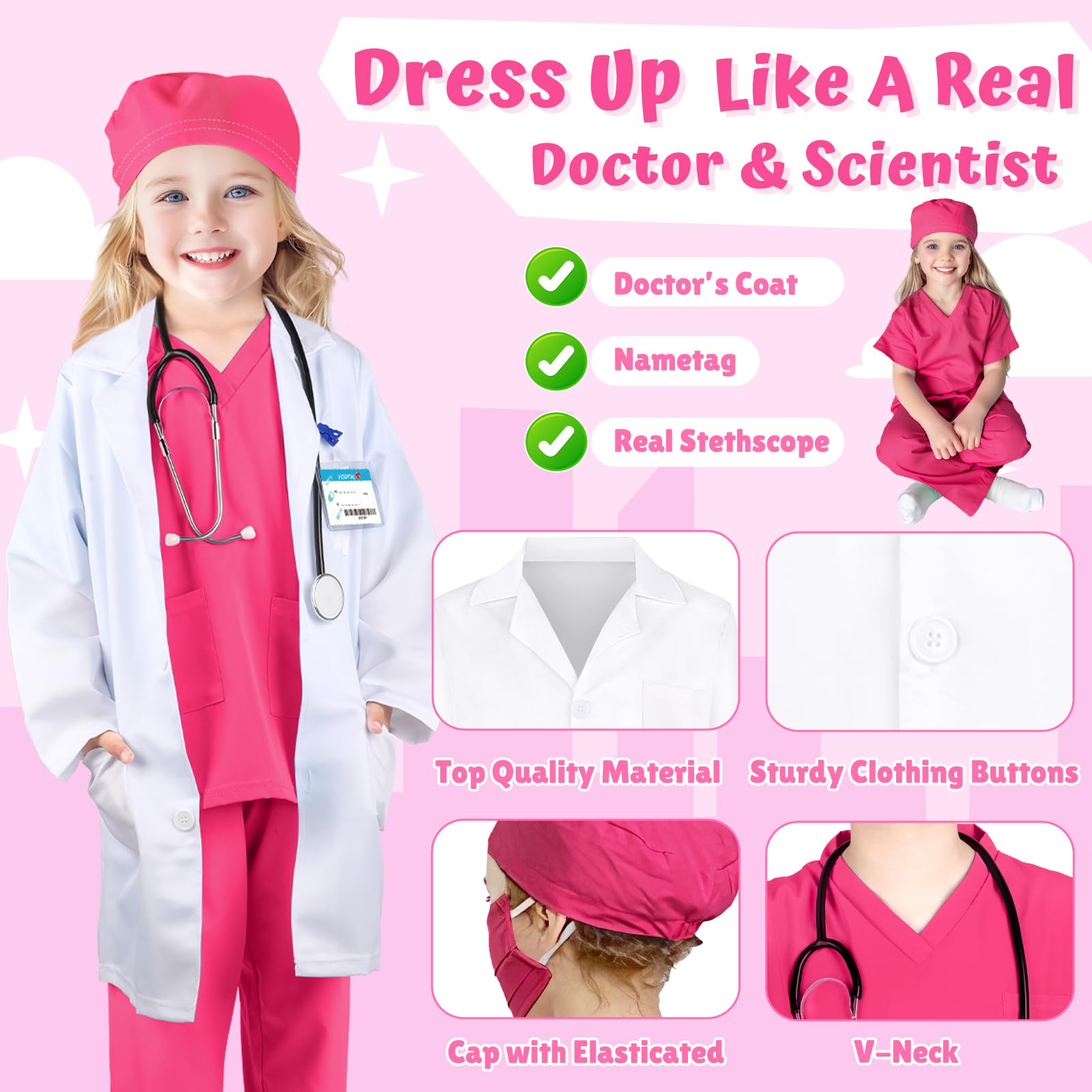 YADIYA Doctor Costume for Kids Scrubs Real Stethoscope Lab Coat Halloween Costumes Career Day Costume For Kids Girls 3-12