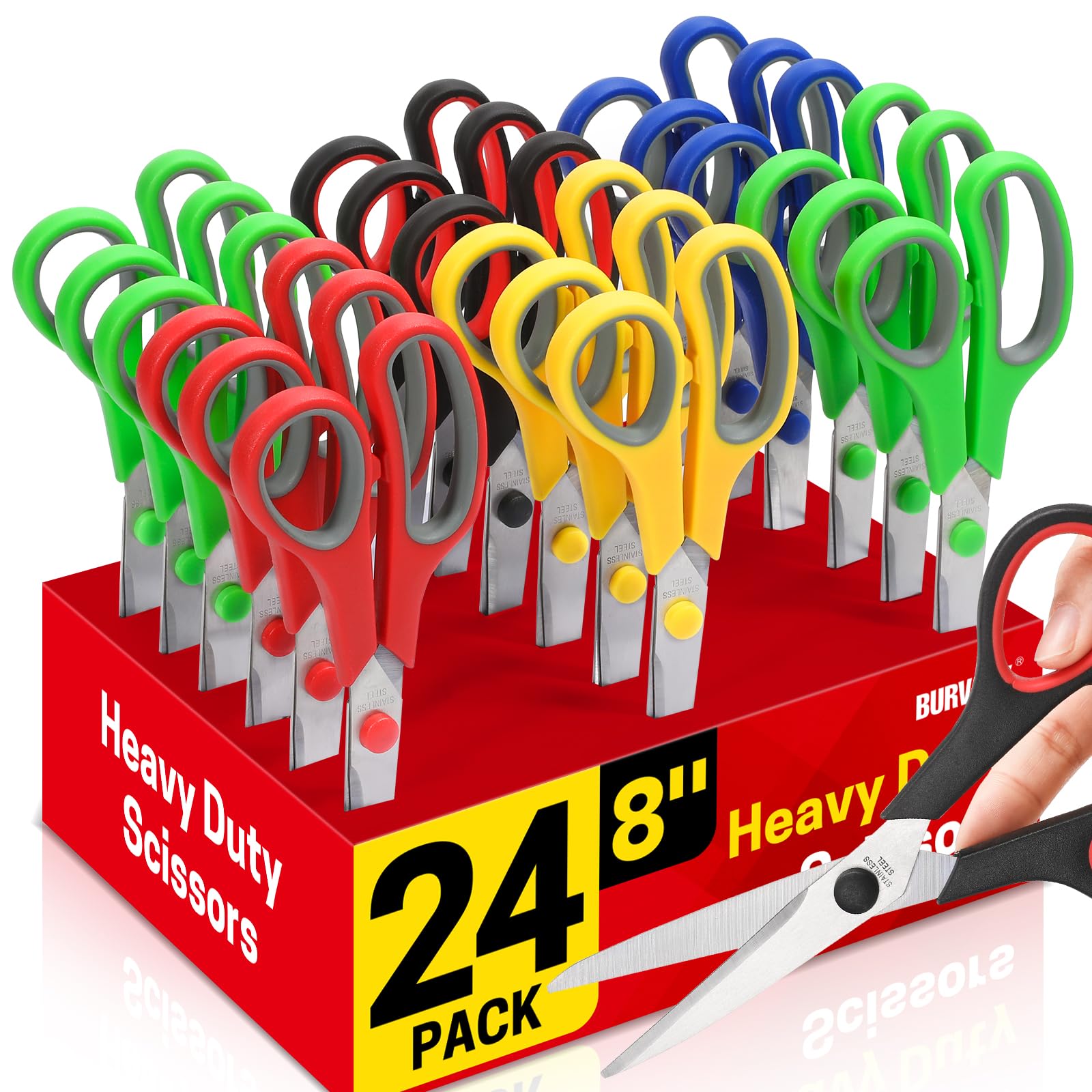 BURVAGY 8" 12 Pack All Purpose Heavy Duty Scissors- Comfort-Grip Sharp Scissors for Office School Sewing Fabric Craft High/Middle School Student Teacher Scissor, Right/Left Hand