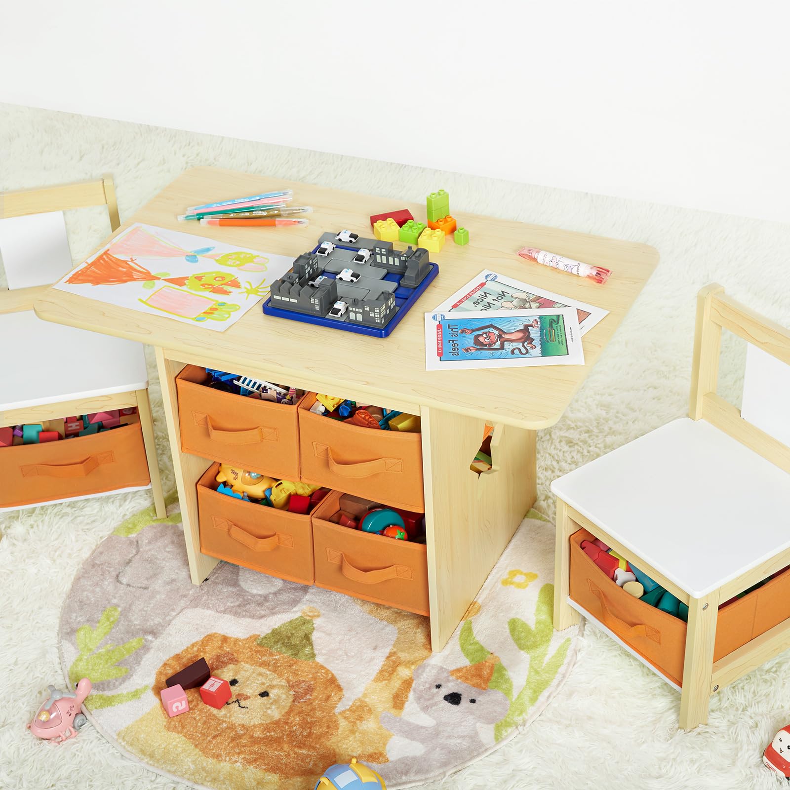 Kids Table and Chair Set (2 Chairs Included), Wooden Toddler Desk Group with 6 Storage Bins Boxes, Children's Furniture, Water Resistant (Gray)