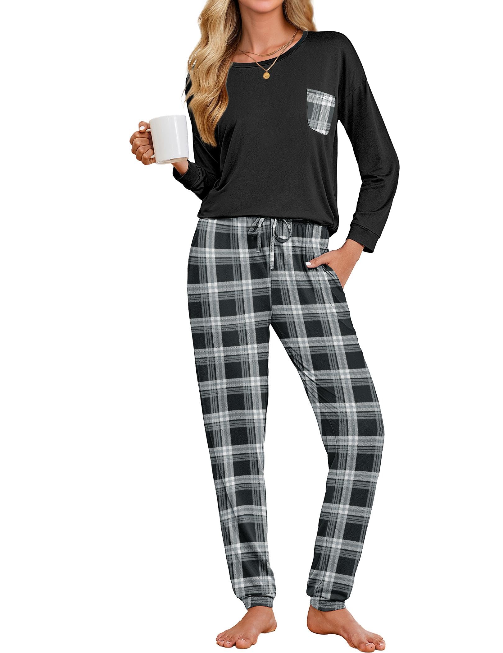 Ekouaer Womens Pajamas Set Long Sleeve Christmas PJ Sets Soft Lounge Set for Women Sleepwear Joggers with Pockets
