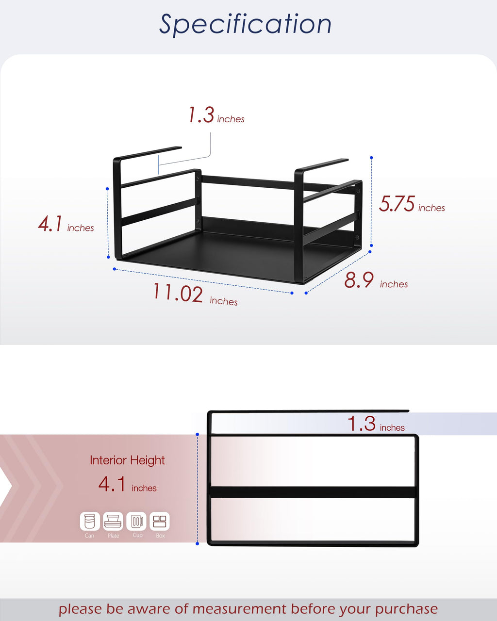 Nxconsu 2 Pack Small Compact Heavy Duty Under Cabinet Organizer, Slide-Under Shelf Basket with Metal Bottom, Hanging Pantry Shelf for Kitchen Cupboard Bookshelf Closet, Holds 15 lbs, Black, 11.02"
