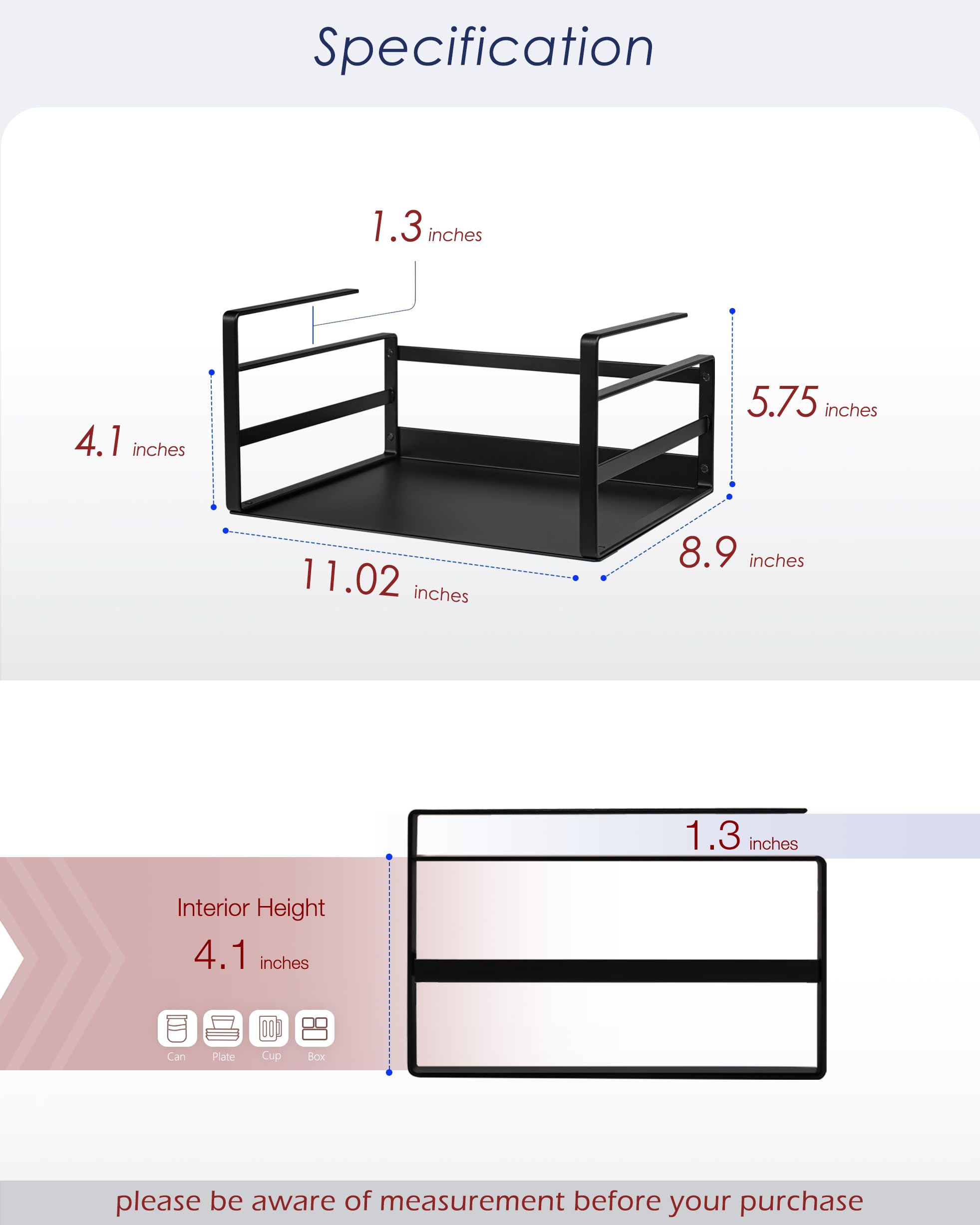 Nxconsu 2 Pack Small Compact Heavy Duty Under Cabinet Organizer, Slide-Under Shelf Basket with Metal Bottom, Hanging Pantry Shelf for Kitchen Cupboard Bookshelf Closet, Holds 15 lbs, Black, 11.02"