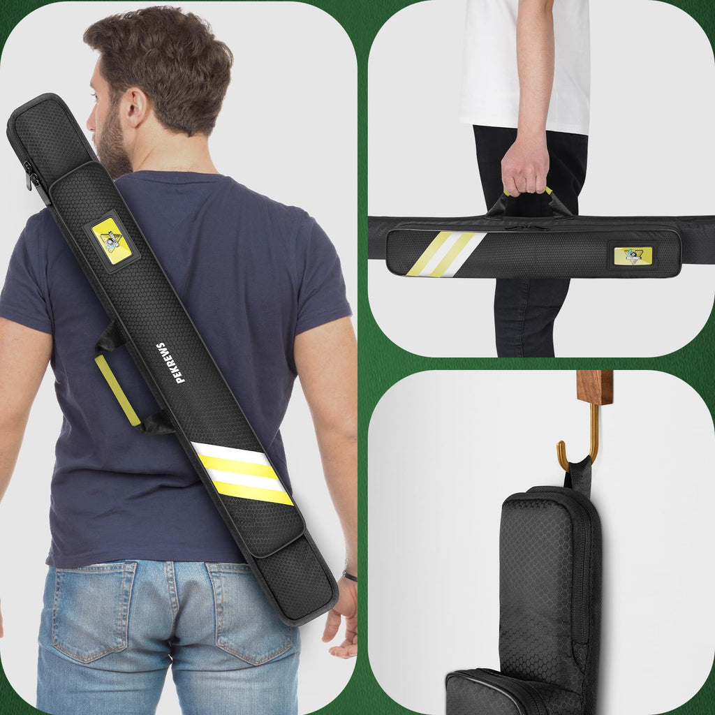 PEKREWS Pool Cue Case, Soft Pool Stick Case 1x1 Holds 1 Butt and 1 Shaft with Queue Zipper Pocket, Sturdy Polyester Billiard Cue Bag with Shoulder Strap Handle, Billiard Stick Bag for Men and Women