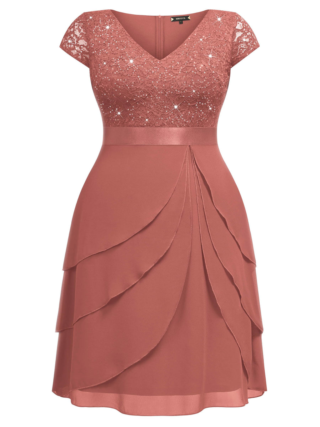Miusol Women's Plus Size Sequin Lace V Neck Ruffle Tiered Chiffon Cocktail Party Dress