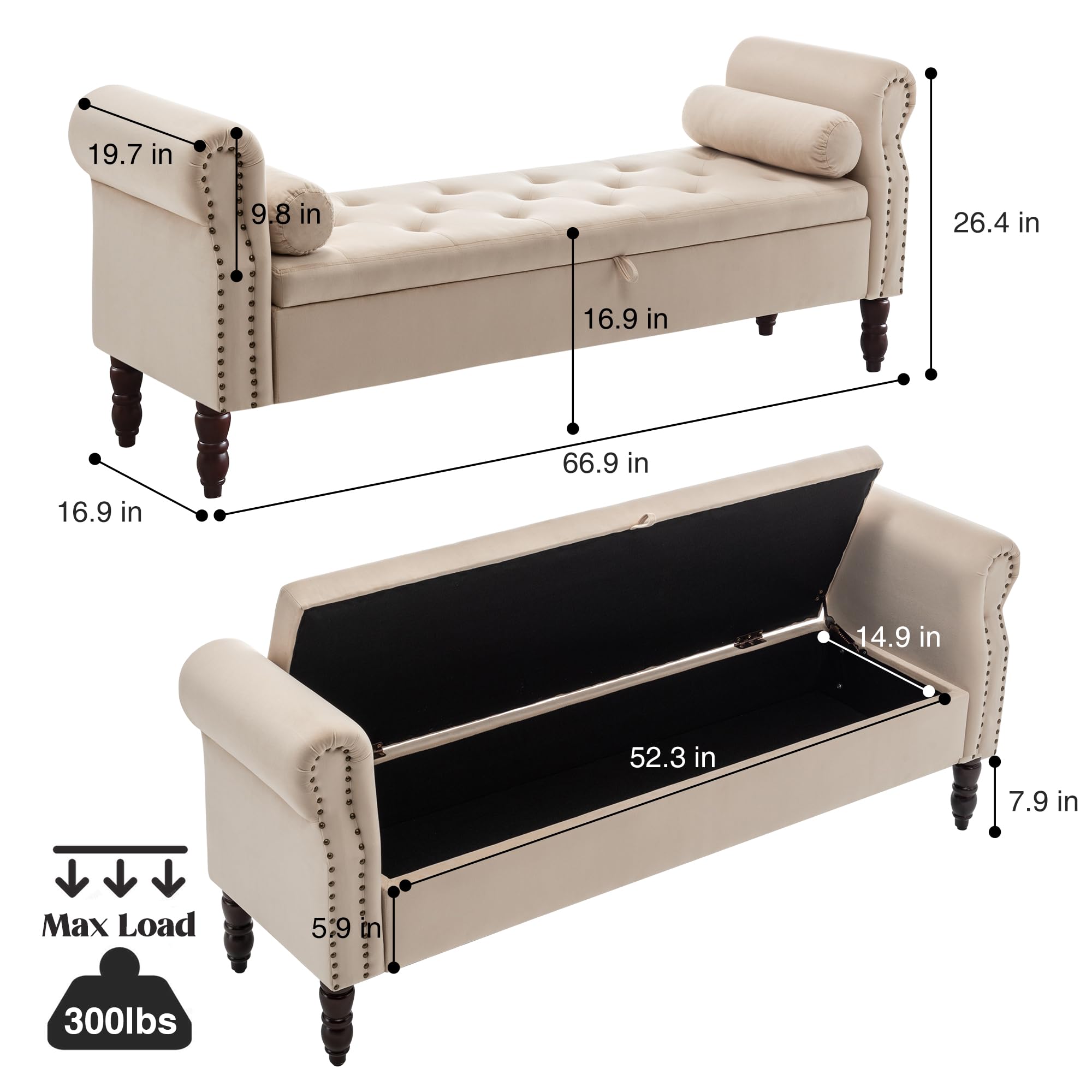 Storage Bench for Bedroom, 67" End of Bed Bench King Size, Velvet Bedroom Bench with Storage, Upholstered Tufted Storage Ottoman Benches with Arms for Bedroom, Entryway, Living Room, Beige