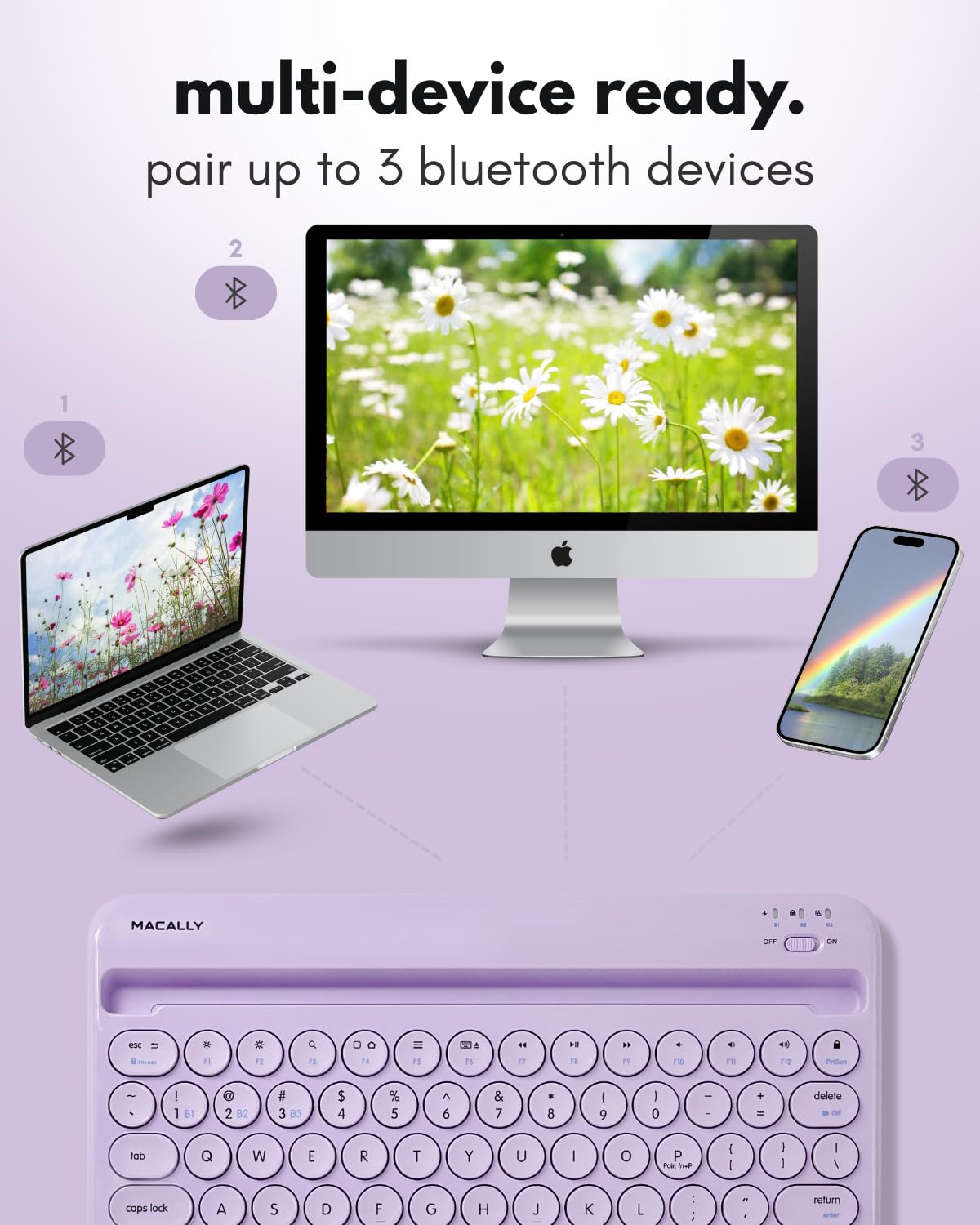 Macally Bluetooth Keyboard for Tablet | Wireless Keyboard for iPad mini/Air/Mini, iPhone (Multi-Device, Built-in Stand, Rechargeable) Easy to Use and Cute Portable