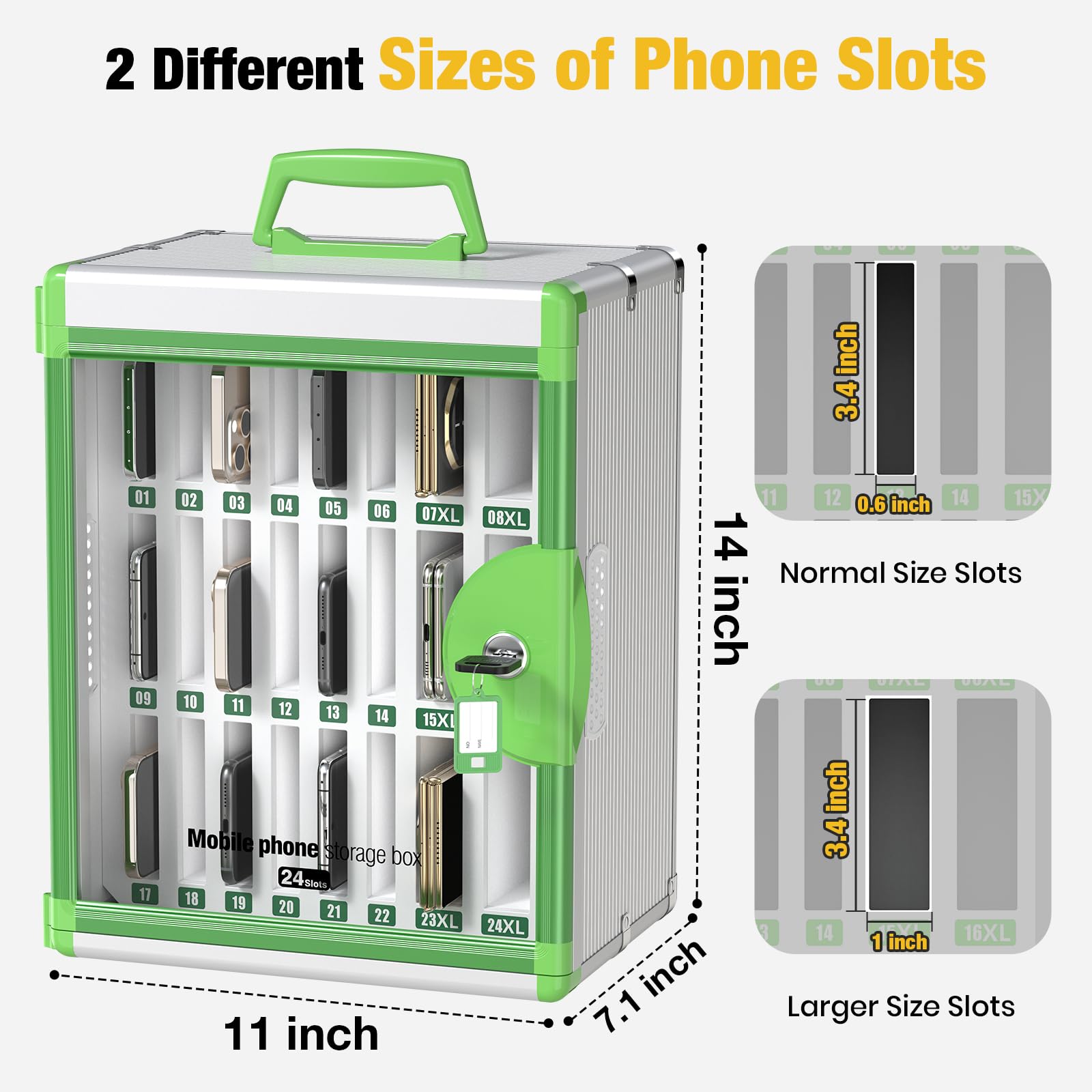 Glosen Cell Phone Locker 24 Slots, Portable Phone Storage Cabinet [Wall Mounted] [Silver 24 Slots-Universal Key ] Aluminum Alloy Cellphone Lock Box with Key & Handle for School Classroom Office Exam
