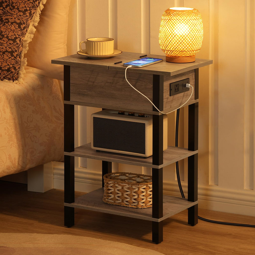 HOOBRO End Table with Charging Station, Flip Top Side Table with USB Ports, Narrow Nightstand Bedside Tables with Storage Shelves, for Small Space, Living Room, Black BK141UBZ01