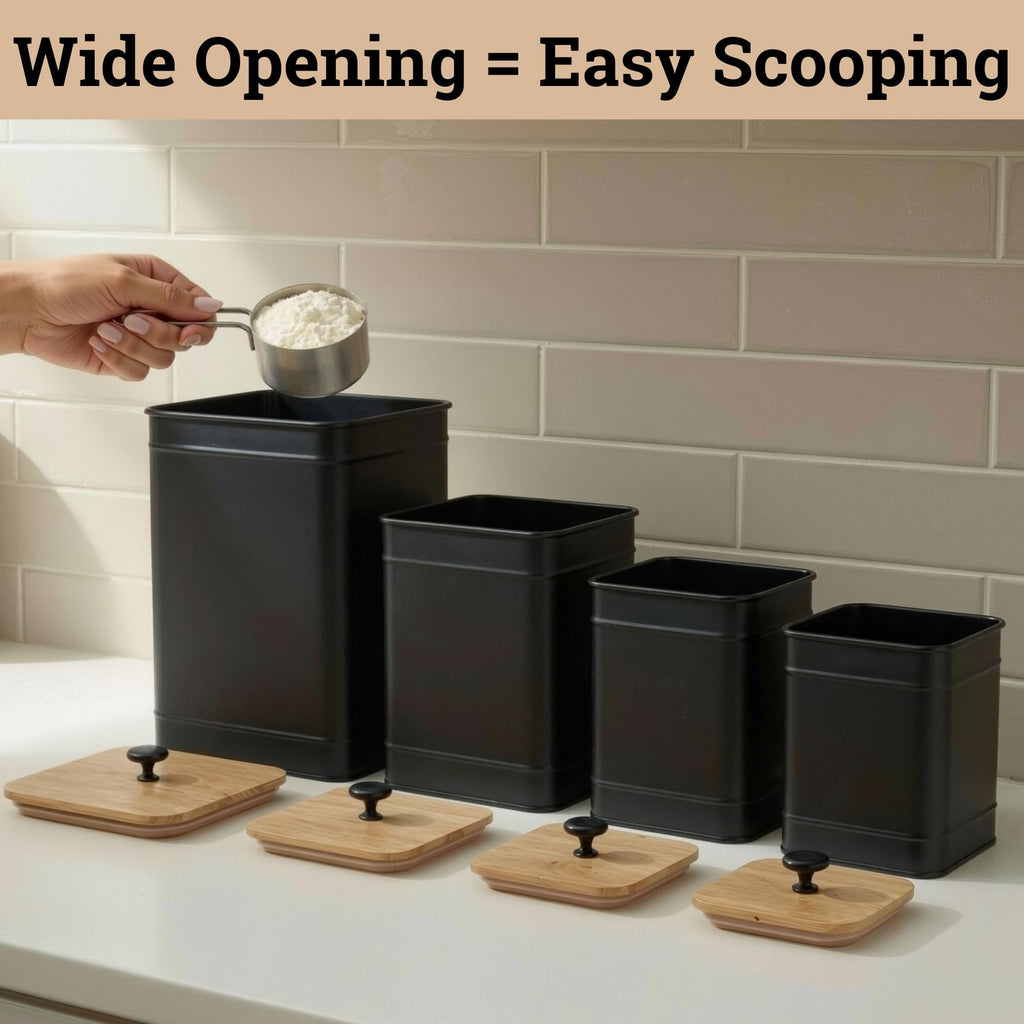 Kitchen Canisters for Countertop Set of 4 w/ Chalkboard Labels & Marker Pen | Airtight Easy Open Bamboo Lids, Dent-Resistant Thick Metal, Customizable Chalkboard Labels, Marker Pen Included, Set of 4