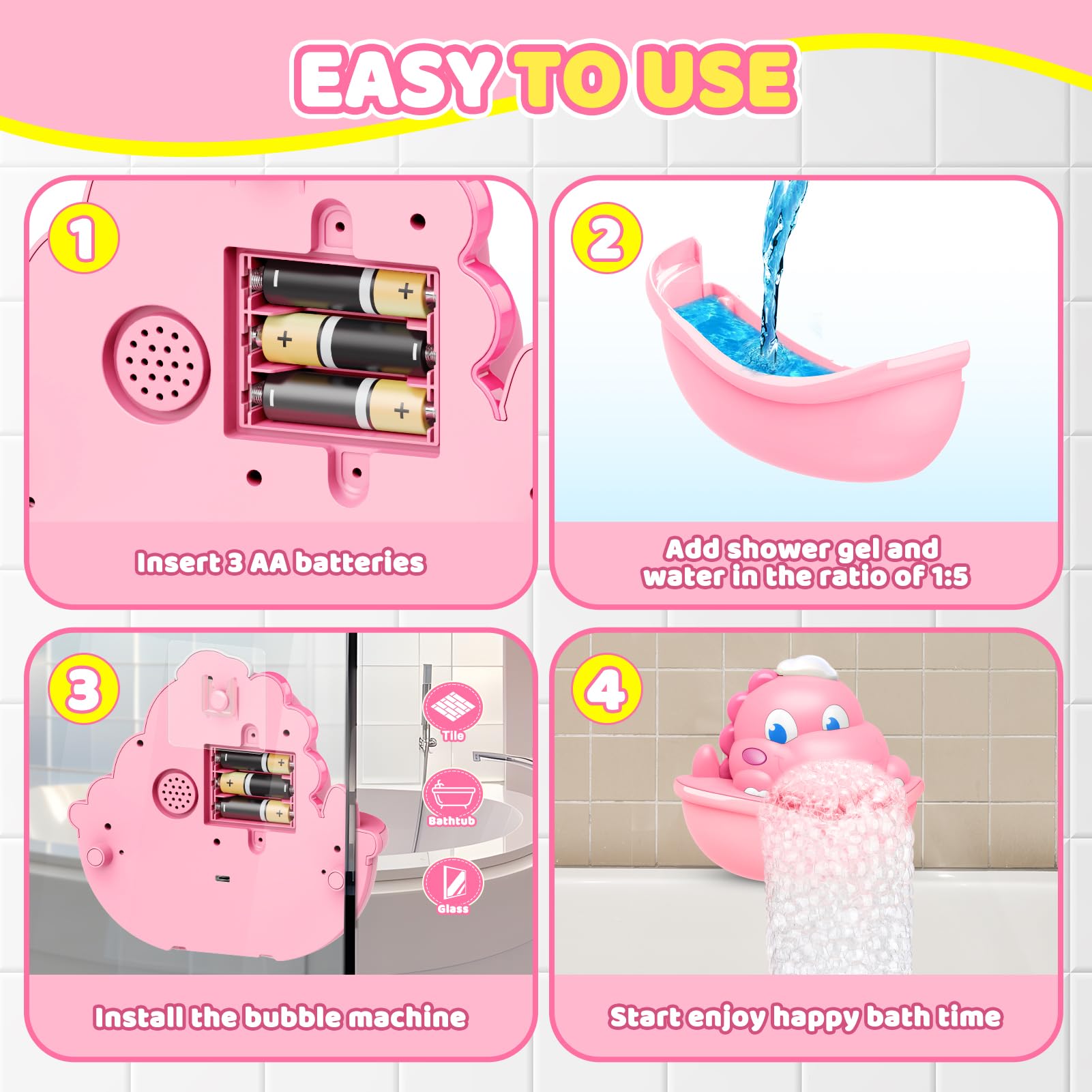 Bath Toys,Light-Up Bath Bubble Machine Automatic Bubble Maker Bathroom Toy for Kids Ages 1-3 4-8 Toddler Bathub Toy Easter Basket Stuffers Dinosaur Toys for Kids 3-5