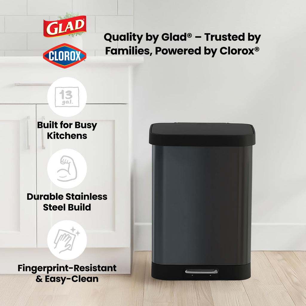 Glad 13 Gallon All Brushed Stainless Steel Trash Can with Clorox Odor Protection | Large Metal Kitchen Garbage Bin with Soft Close Lid, Garbage Bag Rings, Step On Foot Pedal and Waste Bag Roll Holder