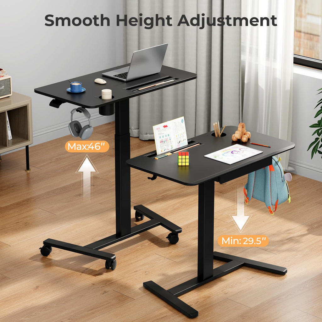 Small Mobile Standing Desk with Drawer, 23.6"x19.7" Rolling Laptop Cart on Wheels, Height Adjustable Sit Stand Computer Workstation with Storage for Compact Space, Black