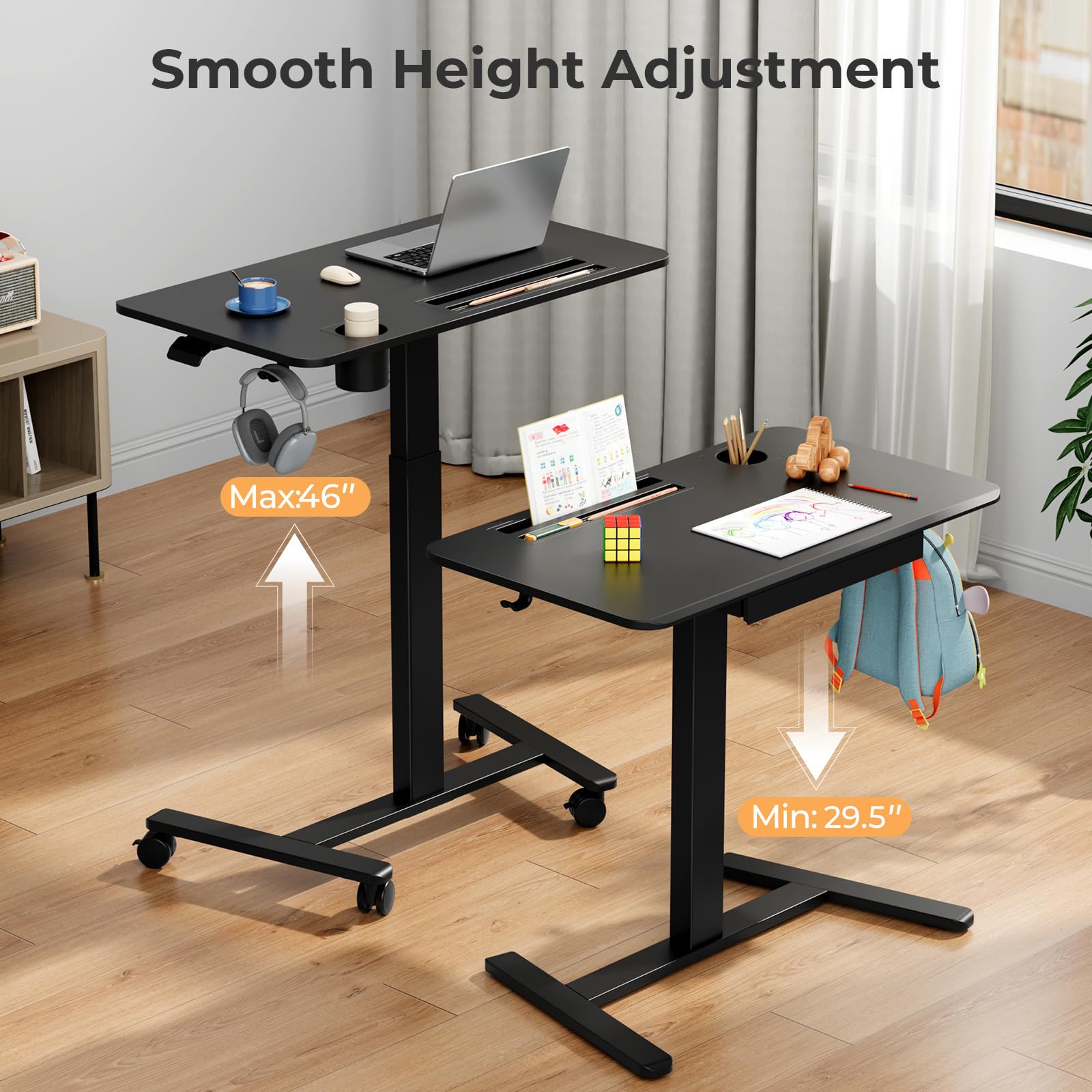 Small Mobile Standing Desk with Drawer, 23.6"x19.7" Rolling Laptop Cart on Wheels, Height Adjustable Sit Stand Computer Workstation with Storage for Compact Space, Black