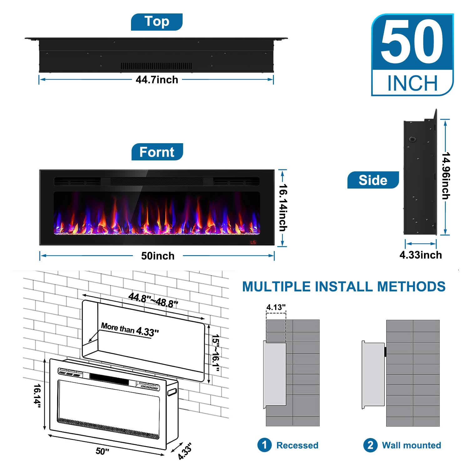 31 Inch Electric Fireplace Recessed and Wall Mounted, Fireplace Heater and Linear Fireplace, Ultra-Thin Electric Fireplace, Low Noise, with Timer, Remote Control, Adjustable 12 Flame Color, 750/1500W