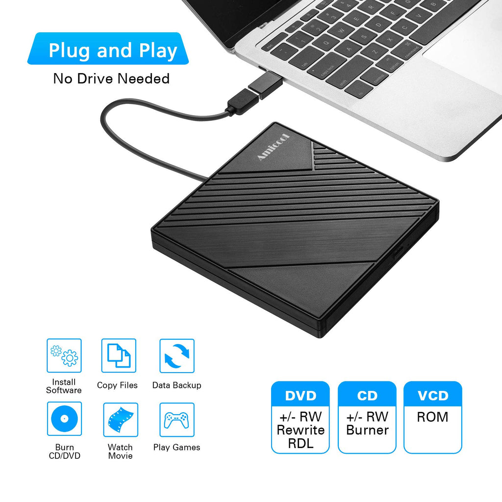 Amicool External USB-C USB 3.0 CD/DVD Drive Burner +/-RW, Ultra-Slim Portable DVD Player Writer Reader for Mac iMac MacBook, Windows 11/10/8 Linux, Laptop Desktop PC Computer Optical Drive