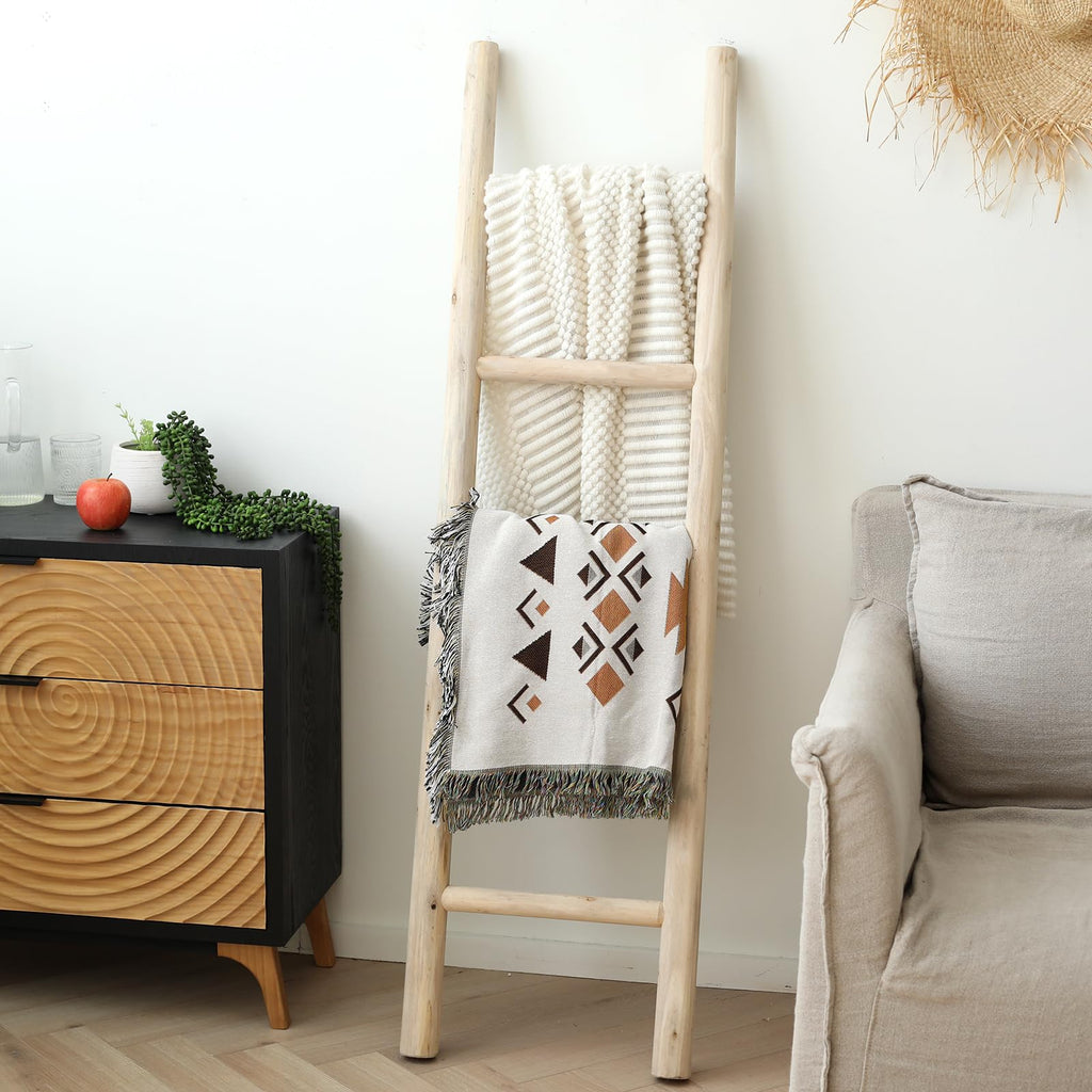 FUIN 57in Wood Blanket Ladder Living Room Decorative Wall Leaning Farmhouse Quilt Display Holder Rustic Wooden Towel Rack for Bathroom, Black