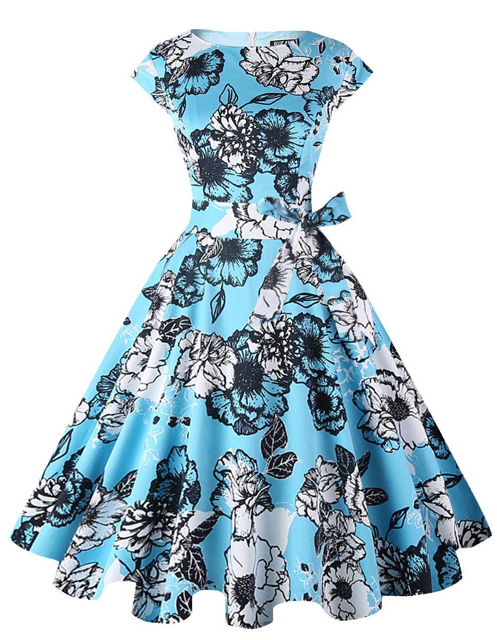 PUKAVT Women's 1950 Boatneck Cap Sleeve Vintage Swing Cocktail Party Dress with Pockets