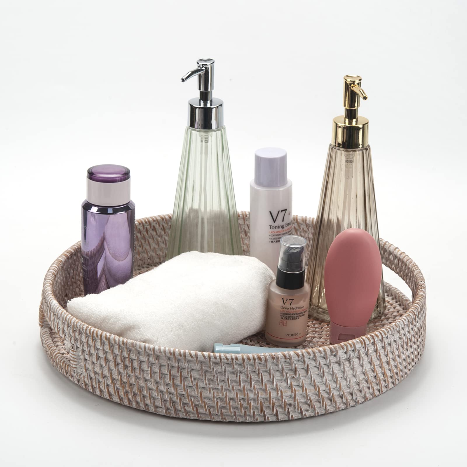 Round Rattan Serving Tray Decorative Woven Ottoman Trays with Handles for Coffee Table Natural (Small 11.8 inch x 2 inch)