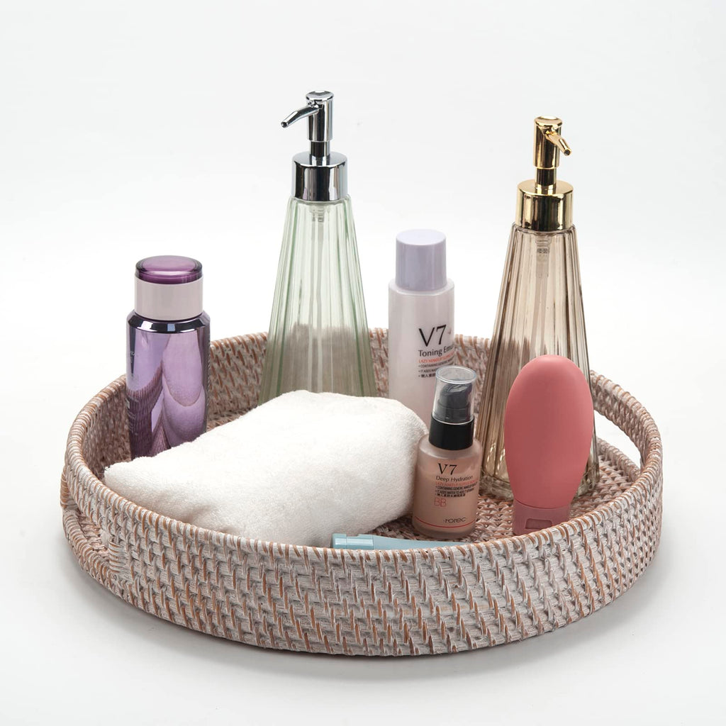 Round Rattan Serving Tray Decorative Woven Ottoman Trays with Handles for Coffee Table Natural (Small 11.8 inch x 2 inch)