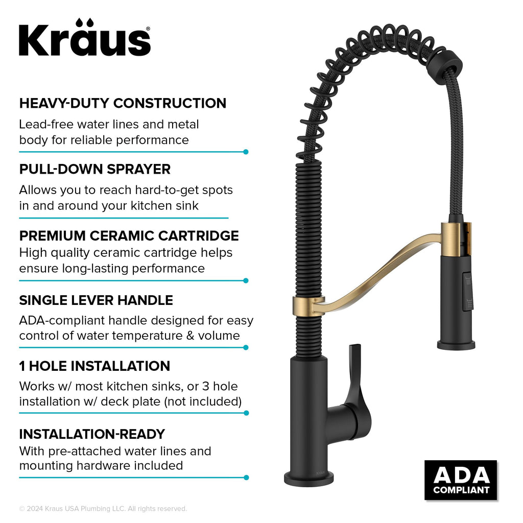 KRAUS Torak Pull Down Kitchen Faucet in Matte Black with Commercial Style Spring Spout, 2 Function Sprayer, Pre-Attached Water Lines, and Mounting Hardware, KPF-2635MB