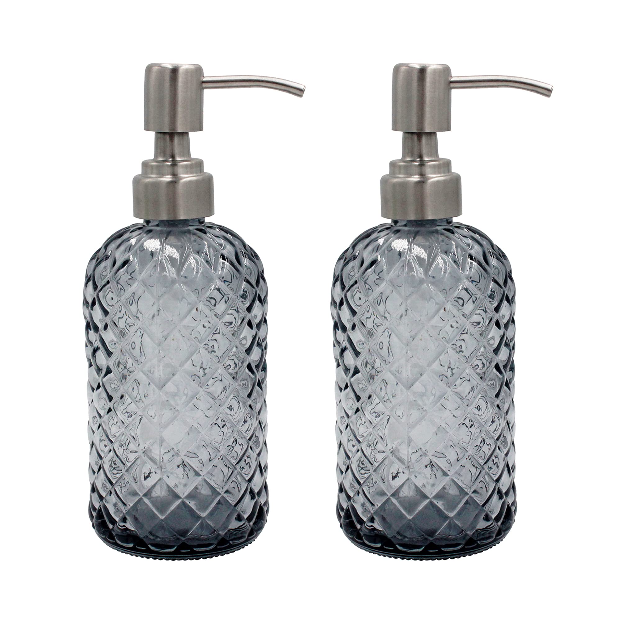16 oz Diamond Pattern Glass Soap Dispenser, Kitchen and Bathroom Refillable Soap Dispenser with Rust Resistant Stainless Steel Pump for Hand Soap, Lotion Glass Liquid Dispenser(Amber)