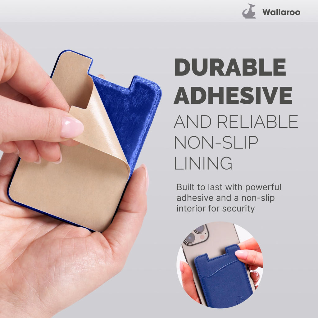 Wallaroo Premium Leather Cell Phone Wallet Stick On - Android and iPhone Wallet and Card Holder for Women and Men - Durable with Non-Slip Lining Secures Up to 3 Cards