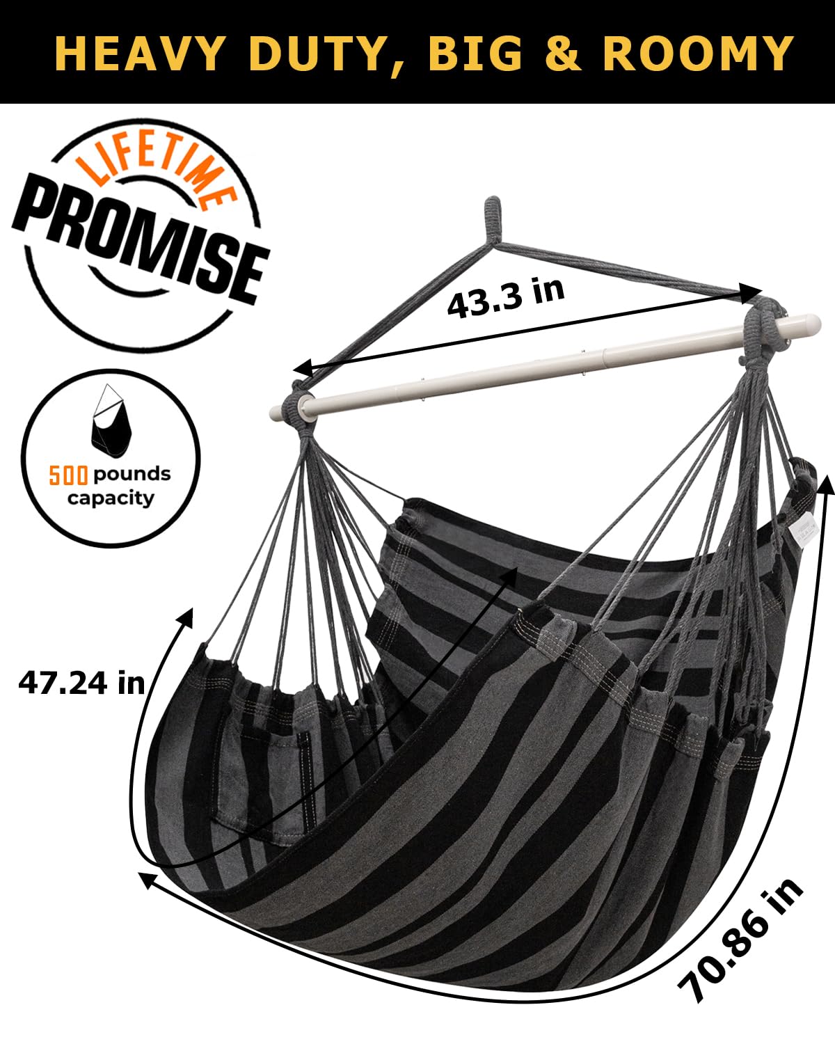 ADVOKAIR Hammock Chair Large 70.9"x47.2", 32% Bigger XXL Hanging Swing Chair with 500lbs Capacity, Heavy Duty Steel Spreader Bar, Extra Roomy Comfort for Adult Indoor Outdoor Bedroom Patio
