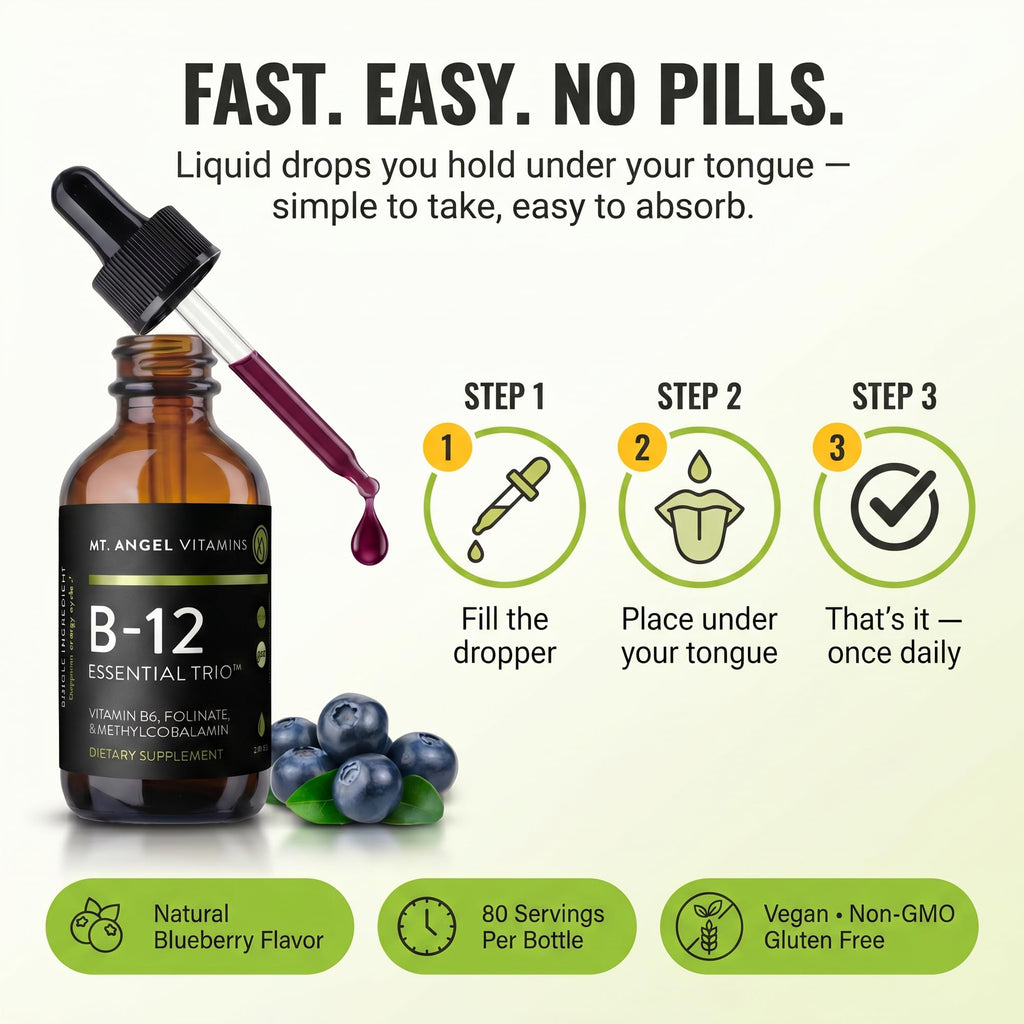 Mt. Angel Vitamins - B12 Essential Trio - Vegan Sublingual Drops with High-Potency Methyl B12, B6 & Folate - Easy Absorption Liquid - Non-GMO, Made in USA