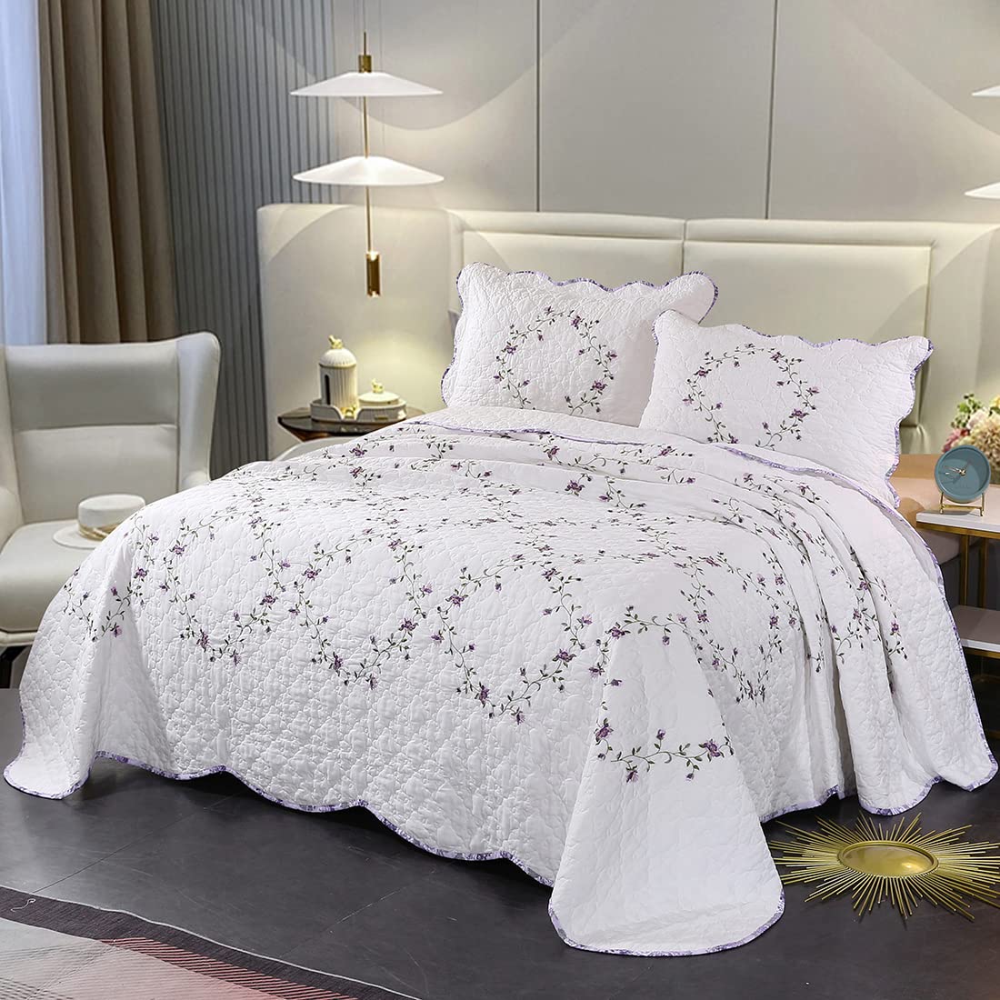 vctops 3-Piece Floral Embroidered Bedspread Coverlet Set Twin Size 100% Cotton Reversible Patchwork 1 Quilt and 2 Pillow Shams (Flower,Twin)