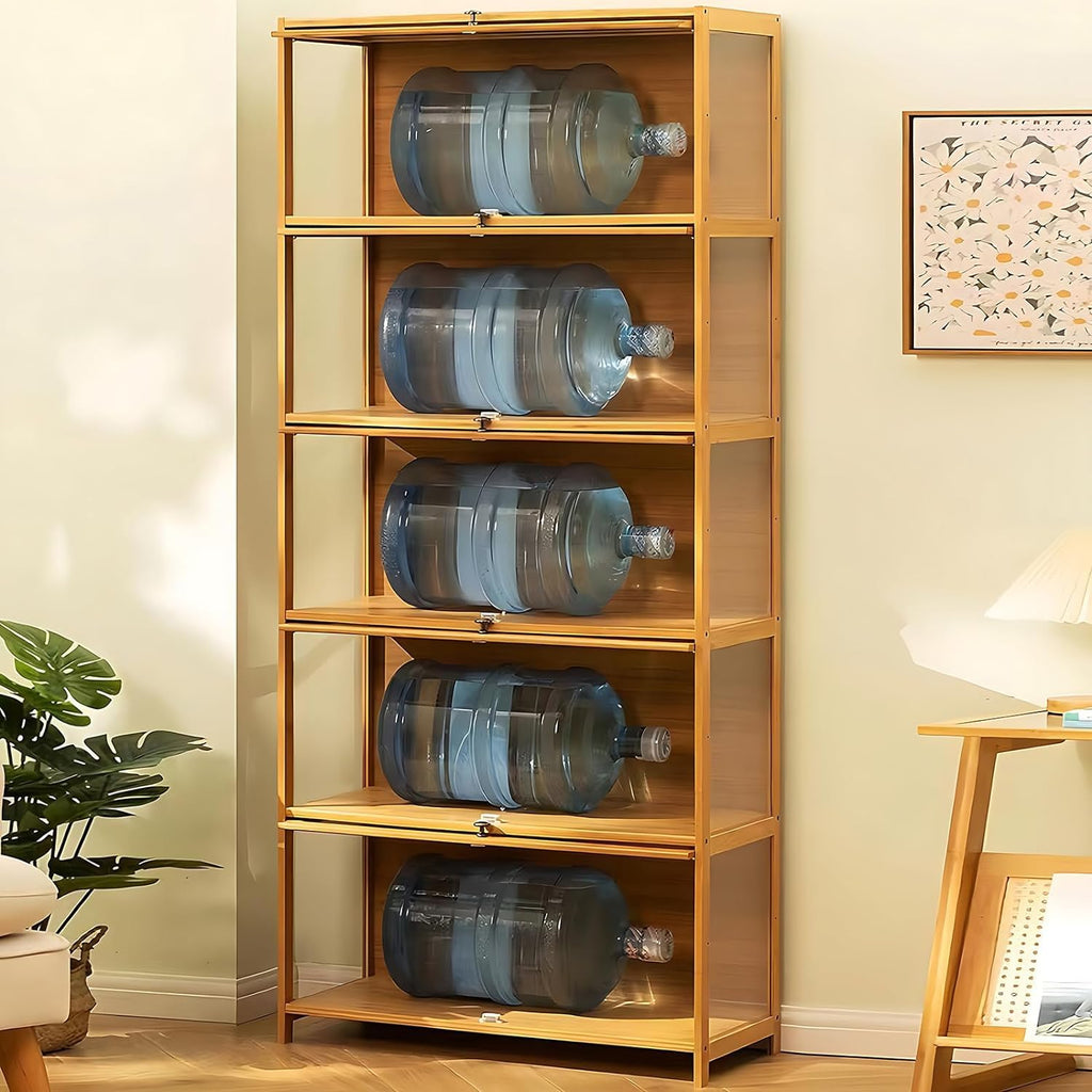 Display Cabinet with Acrylic Glass Door, 5 Tier Curio Display Case, Collectibles Toy Organizers Rack & Display Shelf, Kids Bookcase for Bedroom, Reading Nook, living Room, Bamboo (Black -flip Door)