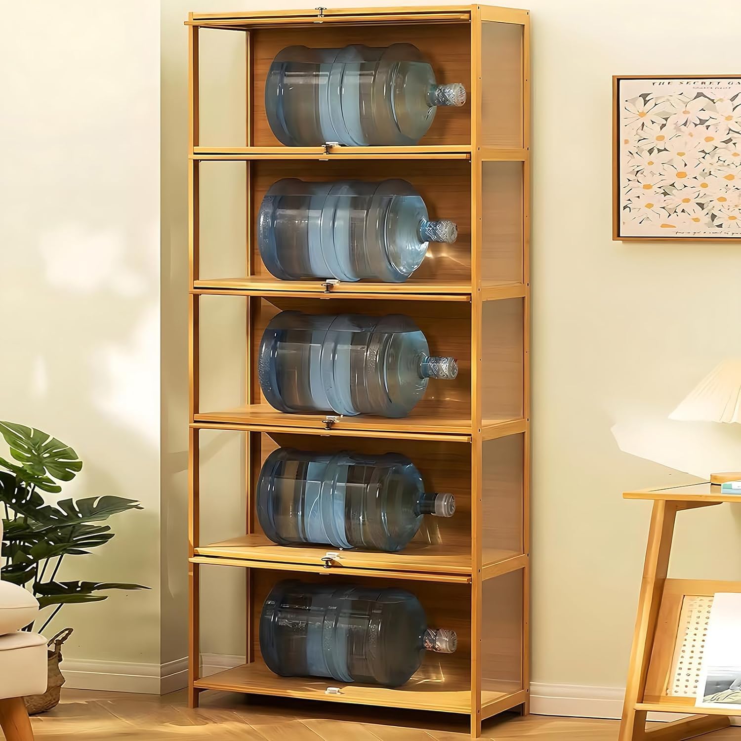 Display Cabinet with Acrylic Glass Door, 5 Tier Curio Display Case, Collectibles Toy Organizers Rack & Display Shelf, Kids Bookcase for Bedroom, Reading Nook, living Room, Bamboo (Black -flip Door)