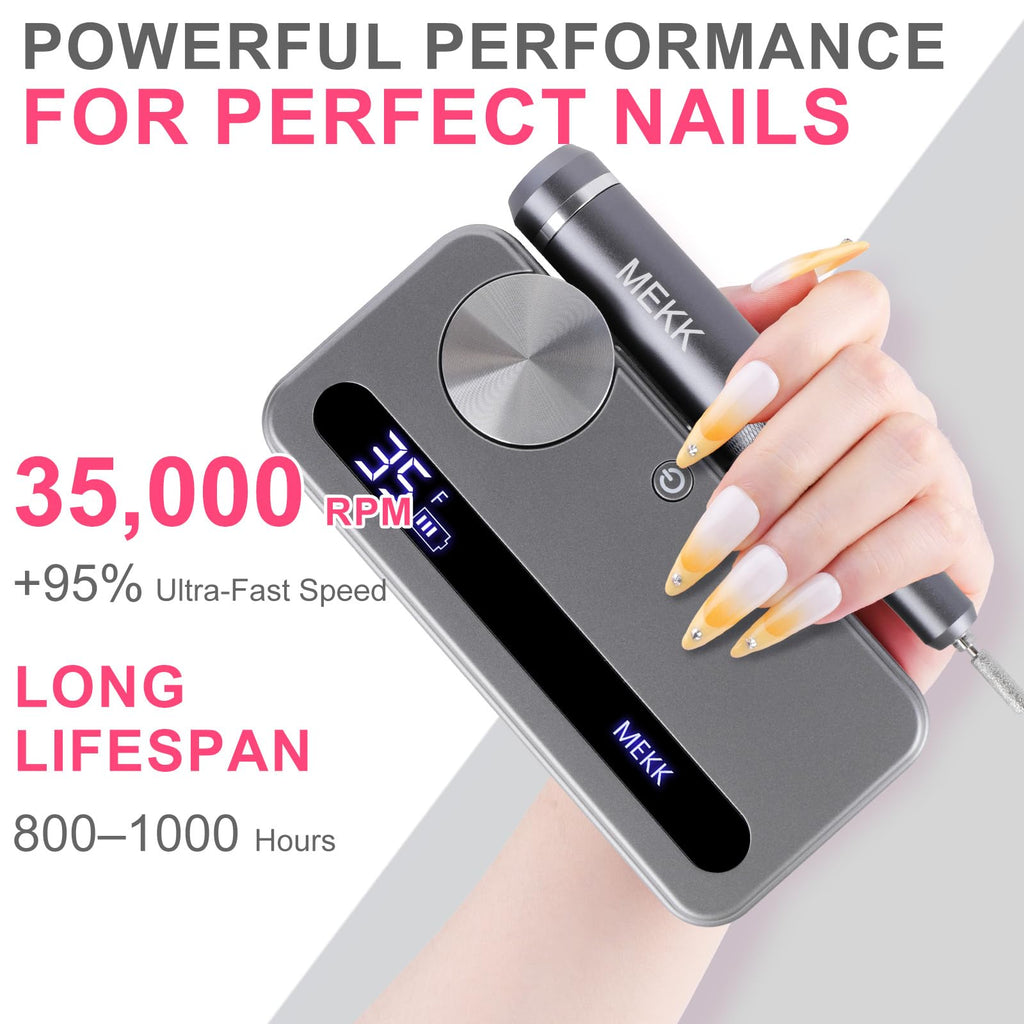 MEKK Nail Drill Kit,35000RPM Electric Nail Drill Professional Electric Nail File with 12PCS Bits,Anti-Shaking Cordless E Filer for Nails with LCD Display,Home & Salon (Orange Blue)