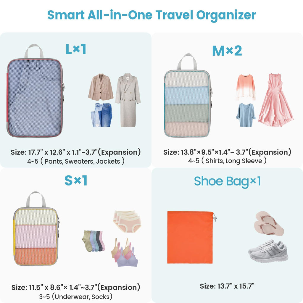 Cambond Compression Packing Cubes for Travel - Lightweight Expandable Travel Bags Luggage Organizers Travel Essentials Compression Cubes for Travel Space Saver for Carry on Suitcases Organizer