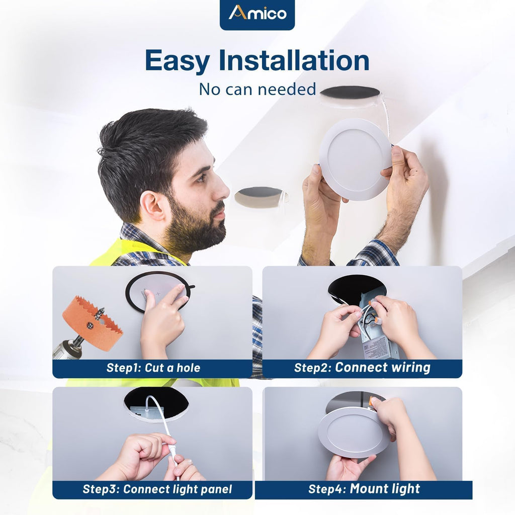 Amico 6 Pack 3 Inch 5CCT Ultra-Thin LED Recessed Ceiling Light with Junction Box, 2700K/3000K/3500K/4000K/5000K Selectable, 7W Eqv 60W 500LM Brightness Dimmable Canless Wafer Downlight, ETL