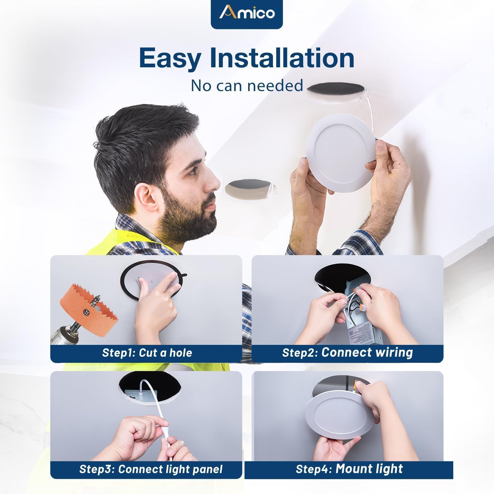 Amico 6 Pack 3 Inch 5CCT Ultra-Thin LED Recessed Ceiling Light with Junction Box, 2700K/3000K/3500K/4000K/5000K Selectable, 7W Eqv 60W 500LM Brightness Dimmable Canless Wafer Downlight, ETL