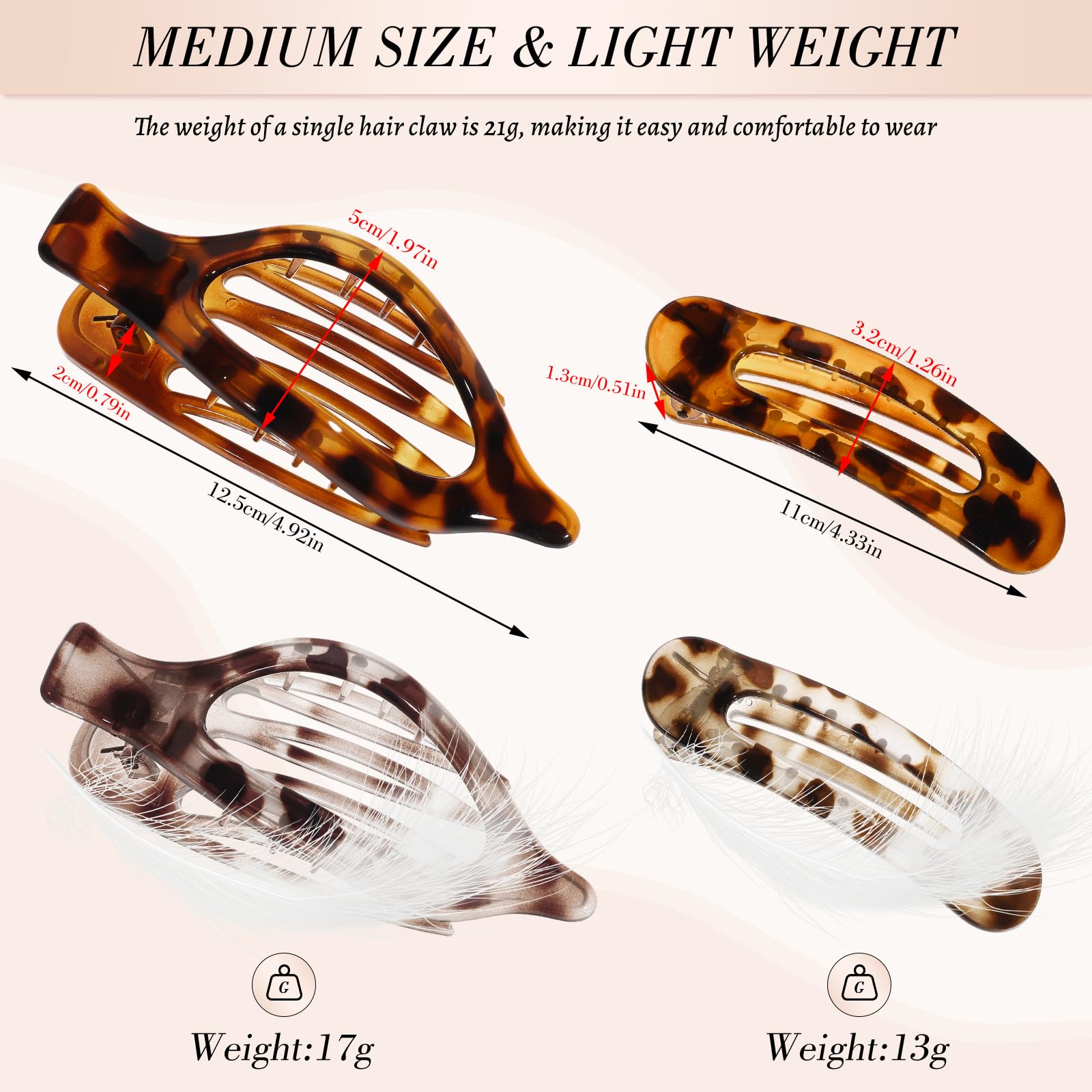 Obeoby 8 Pcs Flat Claw Clips for Women, Strong Hold French Flat Hair Clips for Thick Thin Hair Barrettes Accessories Round Large Medium (Tortoiseshell)