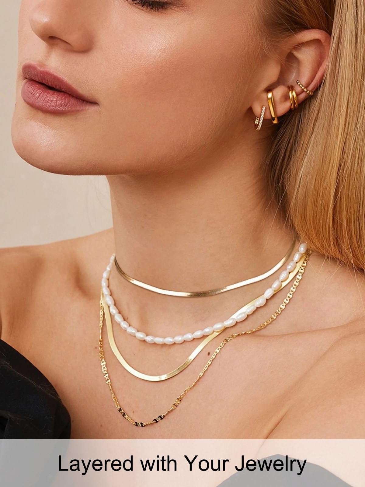 FOCALOOK 14K Gold Plated Necklaces for Women, Fashion Herringbone Choker Necklace Stainless Steel Flat Snake Chain 3/5MM(W) 12.5"/15"/18"+3.5"(L)