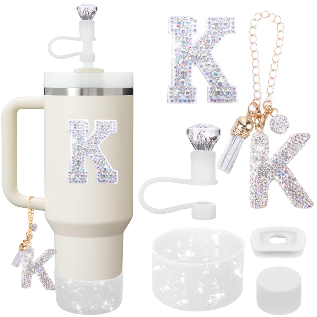 Mity rain Accessories Set for Stanley Cup, Initials Decorations for Tumbler Cup 30/40OZ, Including Diamond Straw Topper/Spill Proof Stopper/Sparkly Silicone Boot Set/Letter Charms for Handle A-Z (A-)