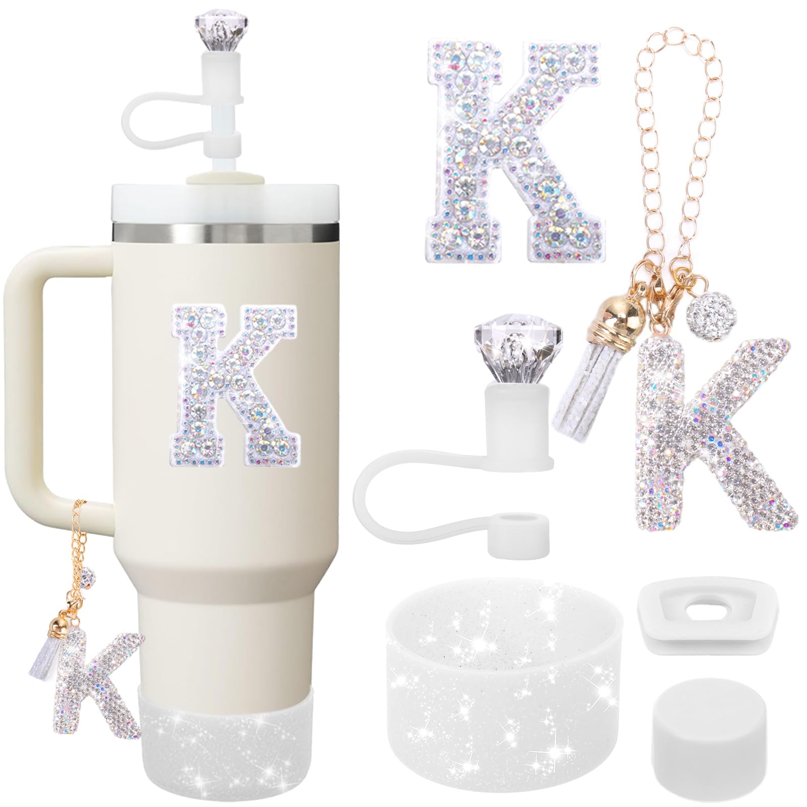 Mity rain Accessories Set for Stanley Cup, Initials Decorations for Tumbler Cup 30/40OZ, Including Diamond Straw Topper/Spill Proof Stopper/Sparkly Silicone Boot Set/Letter Charms for Handle A-Z (A-)
