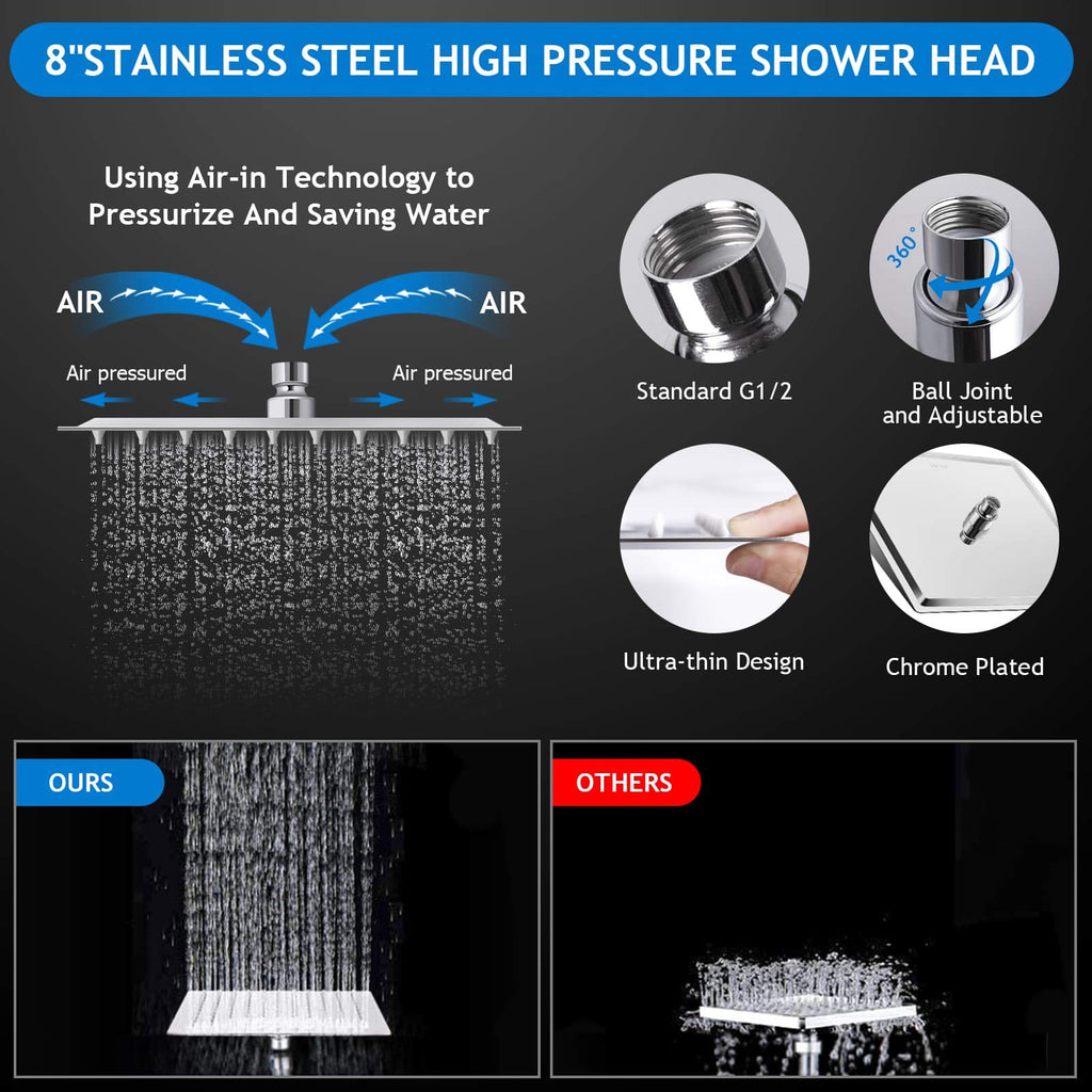 Shower Head Combo(Brushed Nickel),8 Inch High Pressure Rain Shower Head with 11 Inch Adjustable Extension Arm and 5 Settings Handheld Shower Head Combo,Powerful Shower Spray Against Low Pressure Water