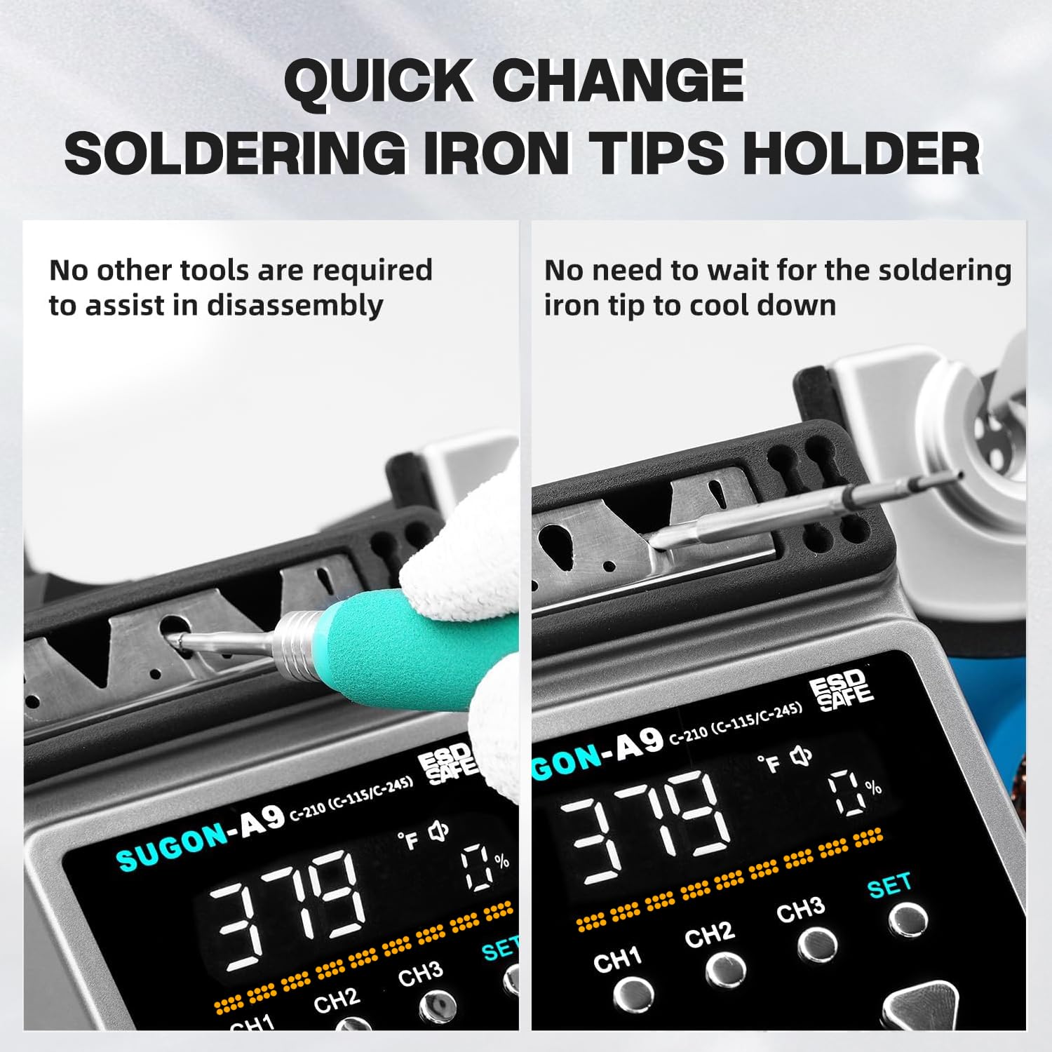 SUGON A9 210 Precision Soldering Stations 120W， LCD Display Digital Soldering Iron Kit,2 Seconds Fast Heating up 716℉, 3 Temperature Storage,212℉-842℉, ℃/℉,ESD,Quick Change Soldering Iron Tips Holder