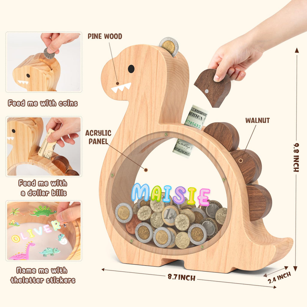 Summidate Wooden Dinosaur Piggy Bank for Kids Boys, Cute Wood Dino Money Bank for Toddlers, Creative Saving Coin Jar, Personalized Present for Child Birthday & Decor (Brachiosaurus, Custom)