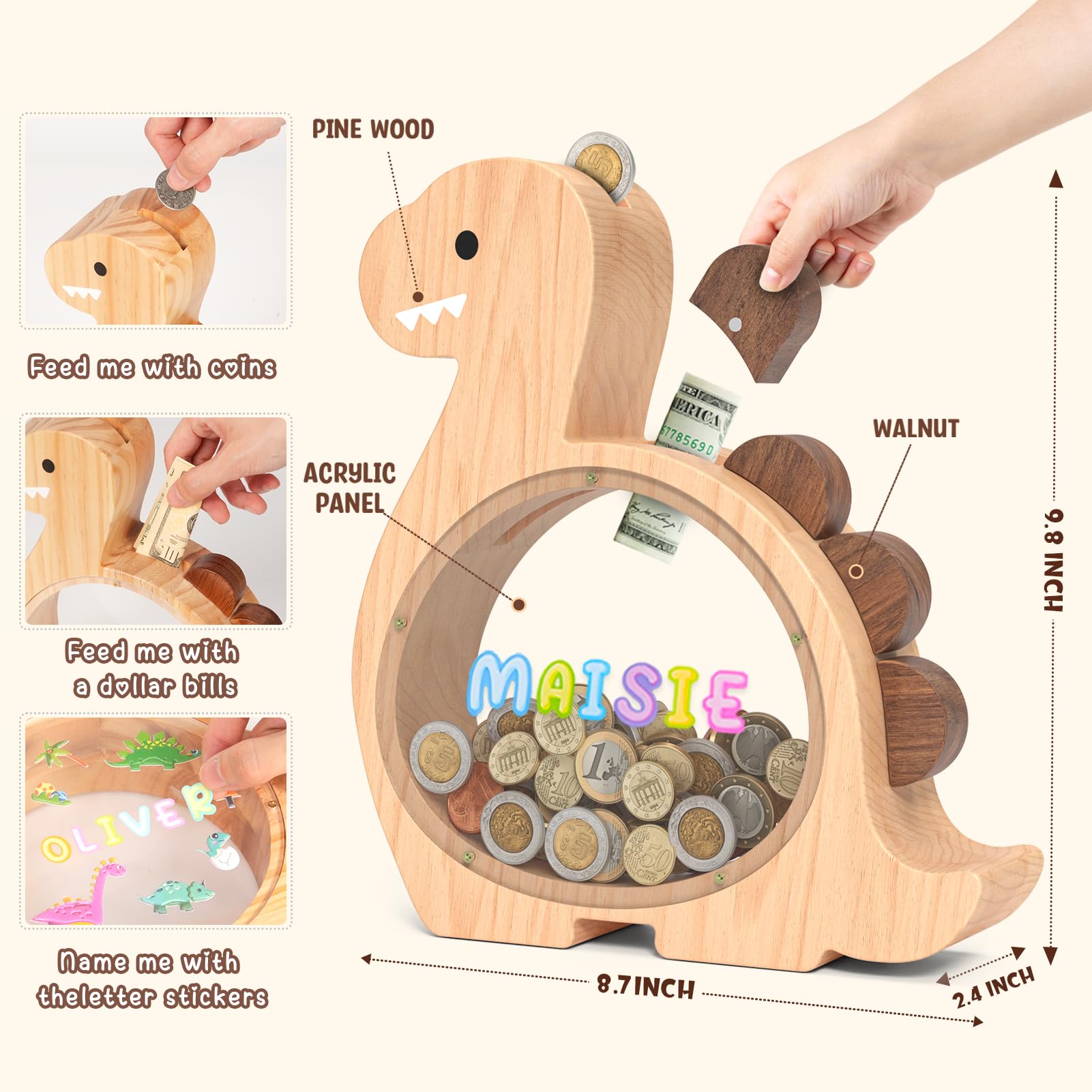 Summidate Wooden Dinosaur Piggy Bank for Kids Boys, Cute Wood Dino Money Bank for Toddlers, Creative Saving Coin Jar, Personalized Present for Child Birthday & Decor (Brachiosaurus, Custom)