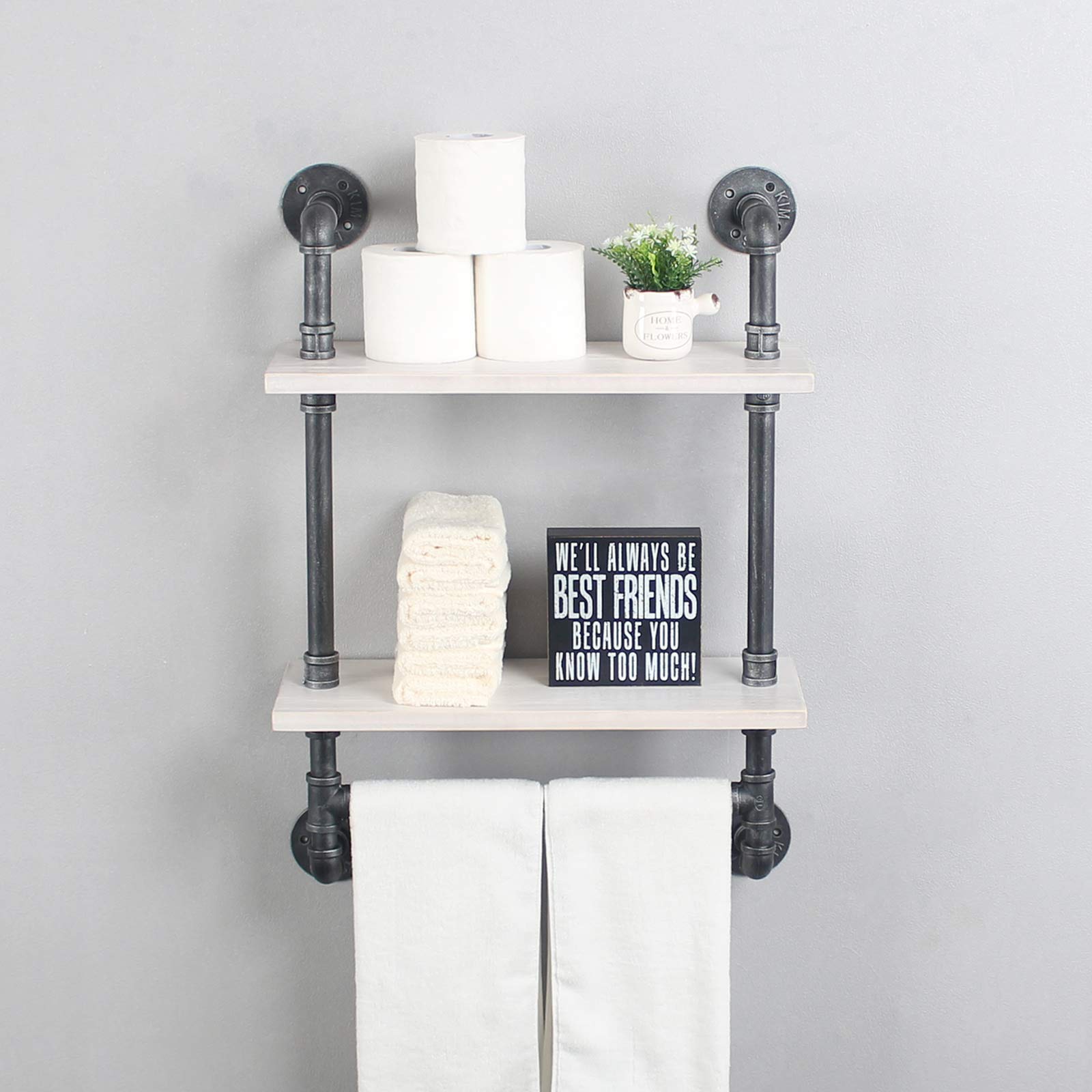 MBQQ Industrial Pipe Shelf Bathroom Shelves Wall Mounted,19.6in Rustic Wood Shelf with Towel Bar,1 Tier Farmhouse Towel Rack,Pipe Shelving Floating Shelves Towel Holder,Black & White