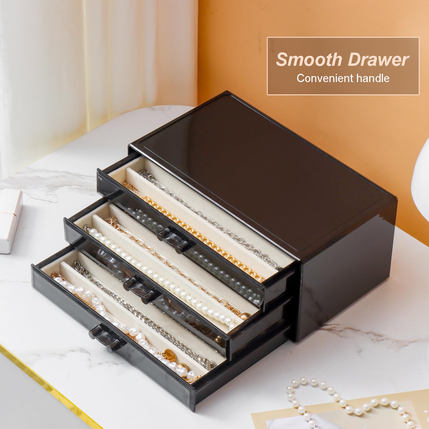 YUFONG Necklace Holder Organizer, Dustproof Necklace Box Velvet Necklace Organizer Box with Lid Clear Acrylic Dustproof Stackable Jewelry Displays for Necklaces Chain Display (Beige, 3 Drawer)